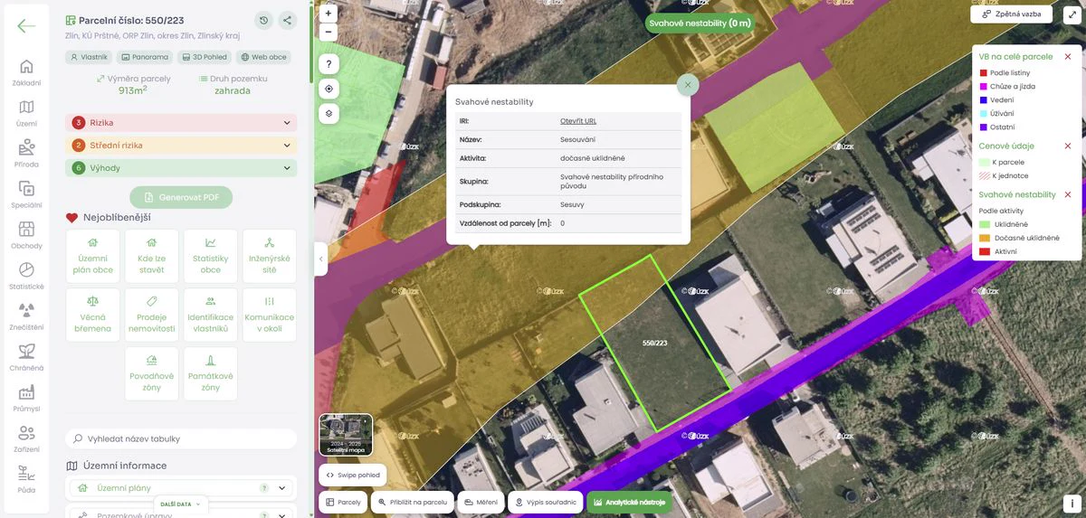 Pohled na webovou aplikaci app.pozemkov.cz s detailem parcely a semaforovou tabulkou rizik