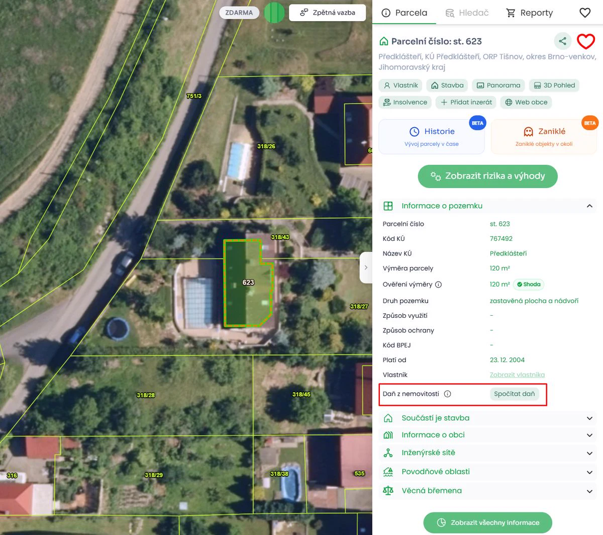 Detaily parcely v aplikaci Pozemkov s řádkem Daň z nemovitosti