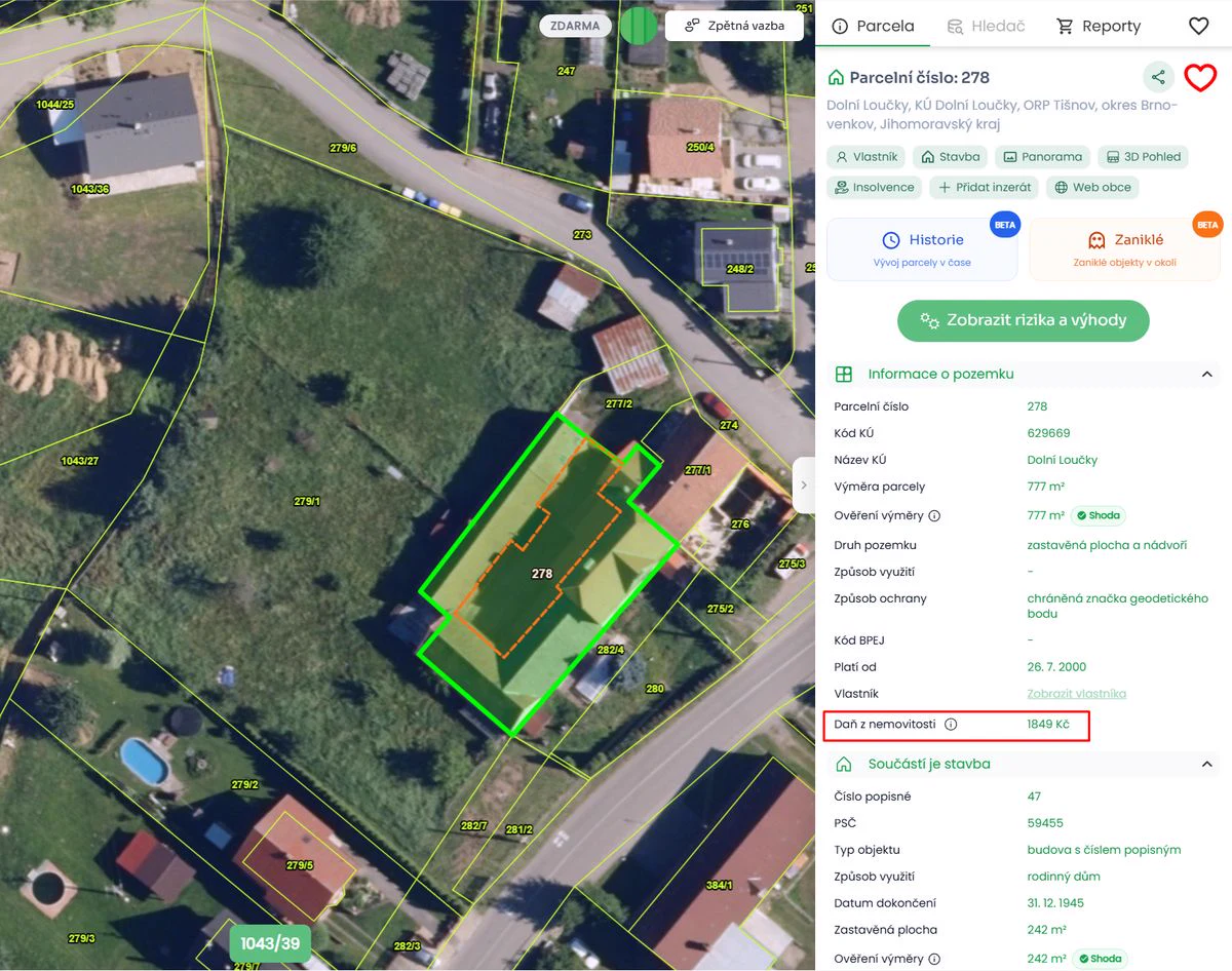 Vypočítaná daň z nemovitosti ke konkrétní parcele v aplikaci Pozemkov