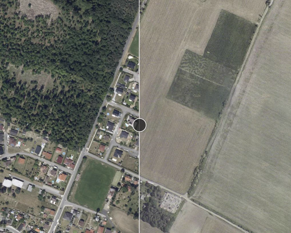 Historické letecké snímky se swipe porovnáním v aplikaci Pozemkov