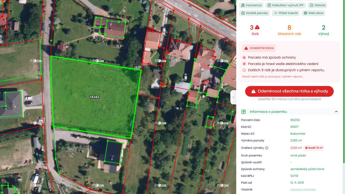 Porovnání dvou stejně velkých parcel s různou přesností výměry v aplikaci Pozemkov