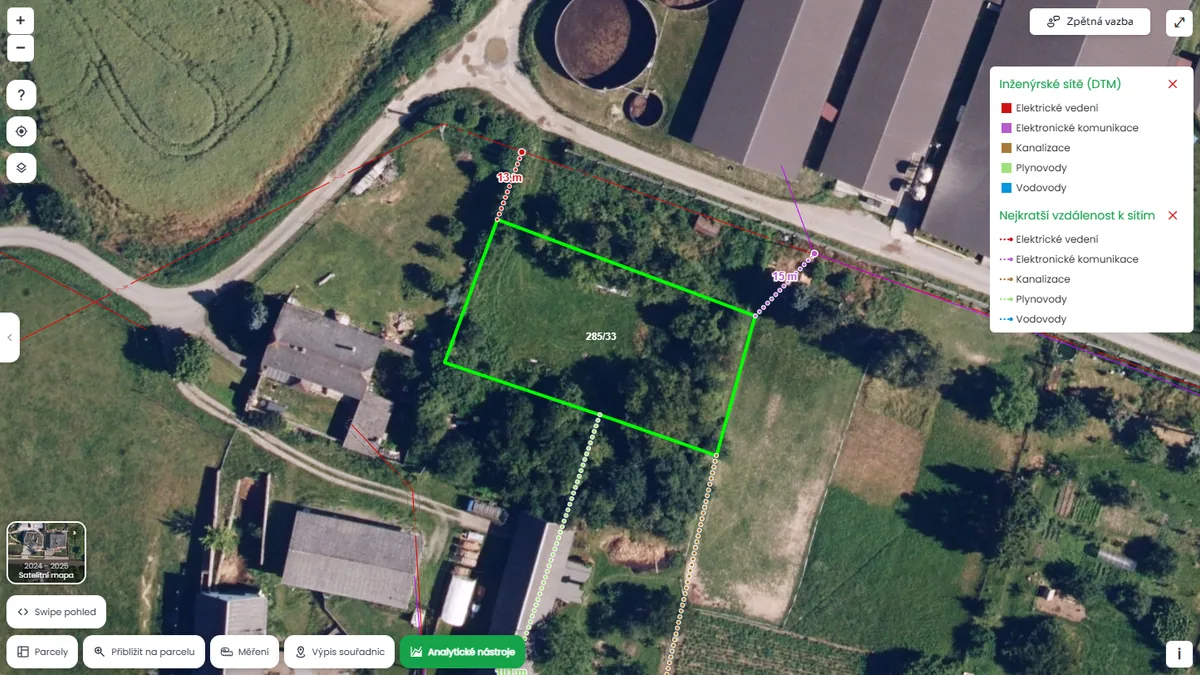 Inženýrské sítě a vzdálenost k nim, parcela 285/33 Bouzov