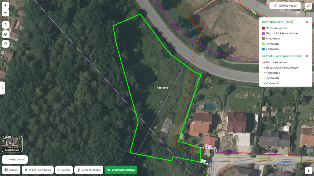 Inženýrské sítě a vzdálenost k nim, parcela 1451/216 Hlincová Hora