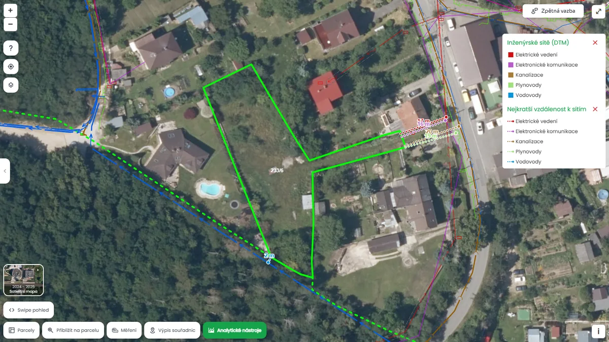Inženýrské sítě a vzdálenost k nim, parcela 233/6 Králův Dvůr