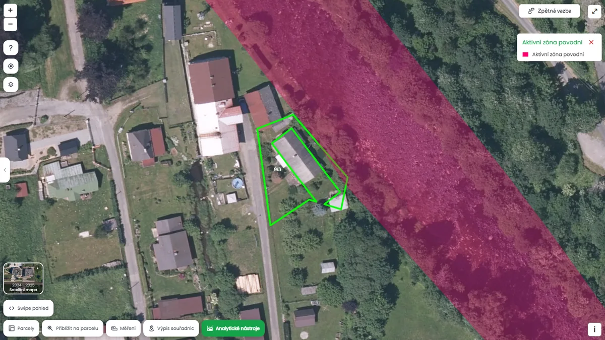 Parcela je v aktivní zóně povodní (mapa Pozemkov)