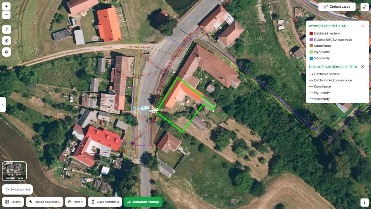 Inženýrské sítě a vzdálenost k nim, parcela st. 83 Rozkoš