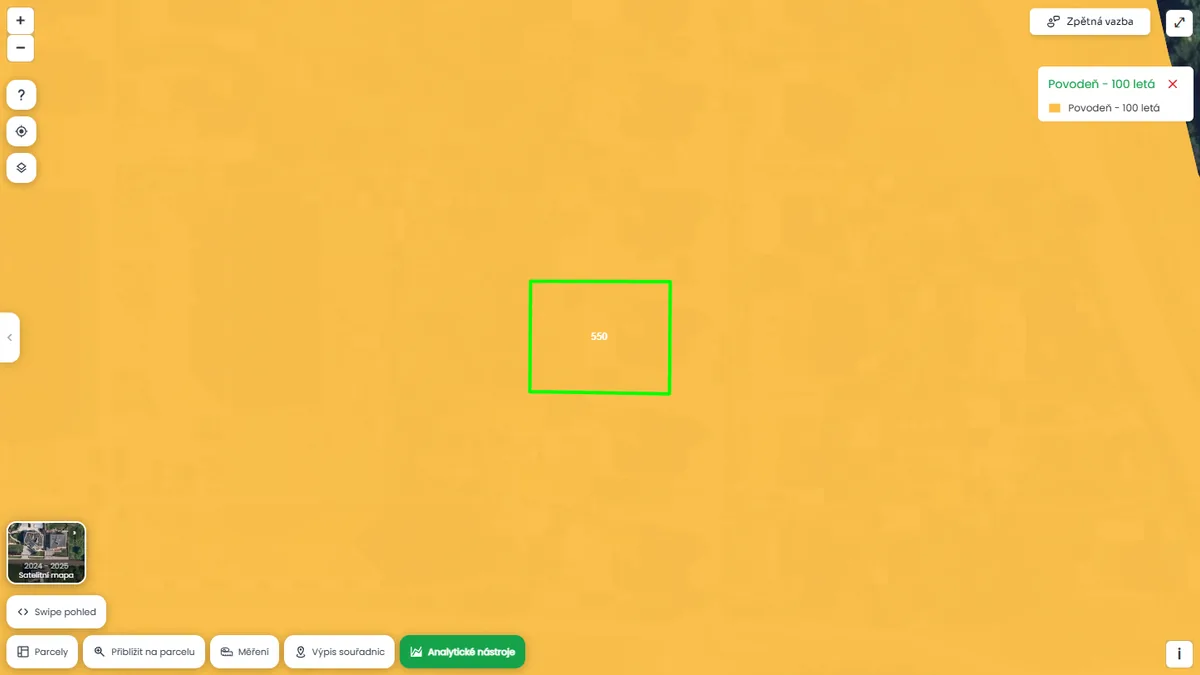 Parcela je v povoďnové oblasti Q100 (mapa Pozemkov)