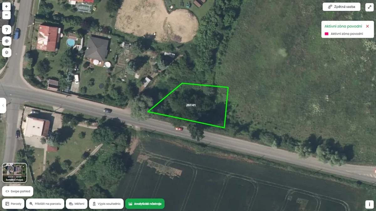 Parcela je v blízkosti aktivní zóny povodní (mapa Pozemkov)