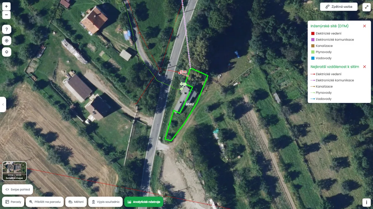Inženýrské sítě a vzdálenost k nim, parcela 602/2 Synalov