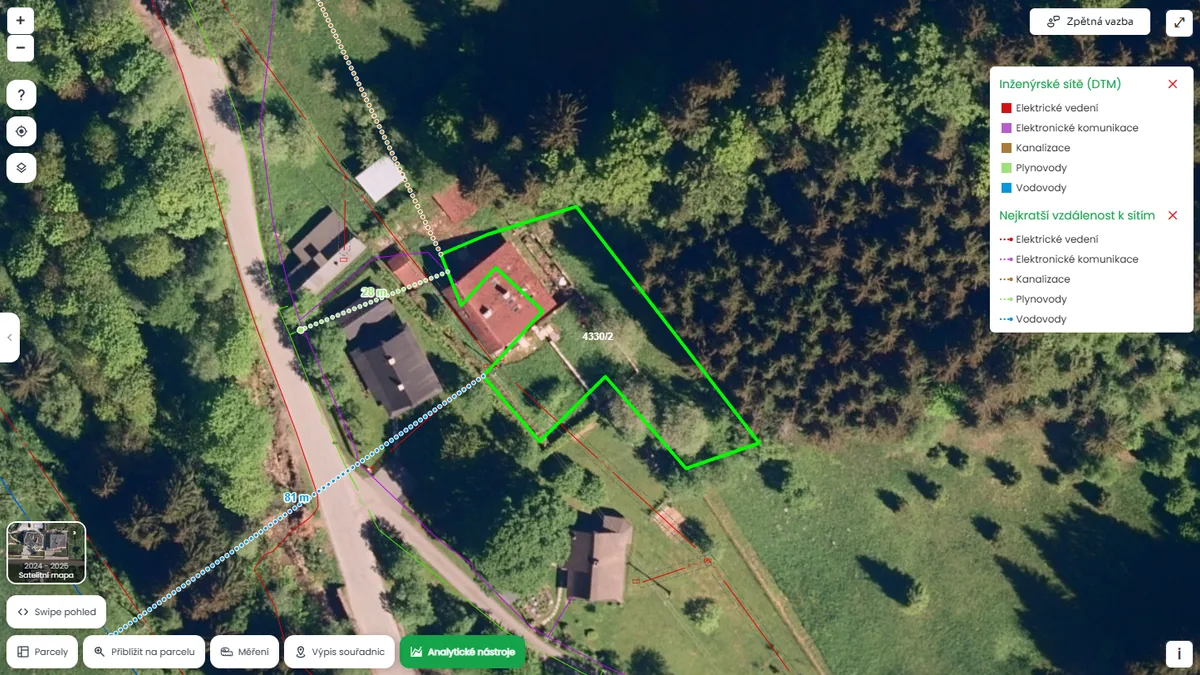 Inženýrské sítě a vzdálenost k nim, parcela 4330/2 Velké Karlovice